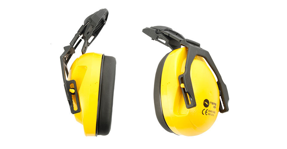 Hearing protection earmuffs with helmet insertion, NRR: 27 dB