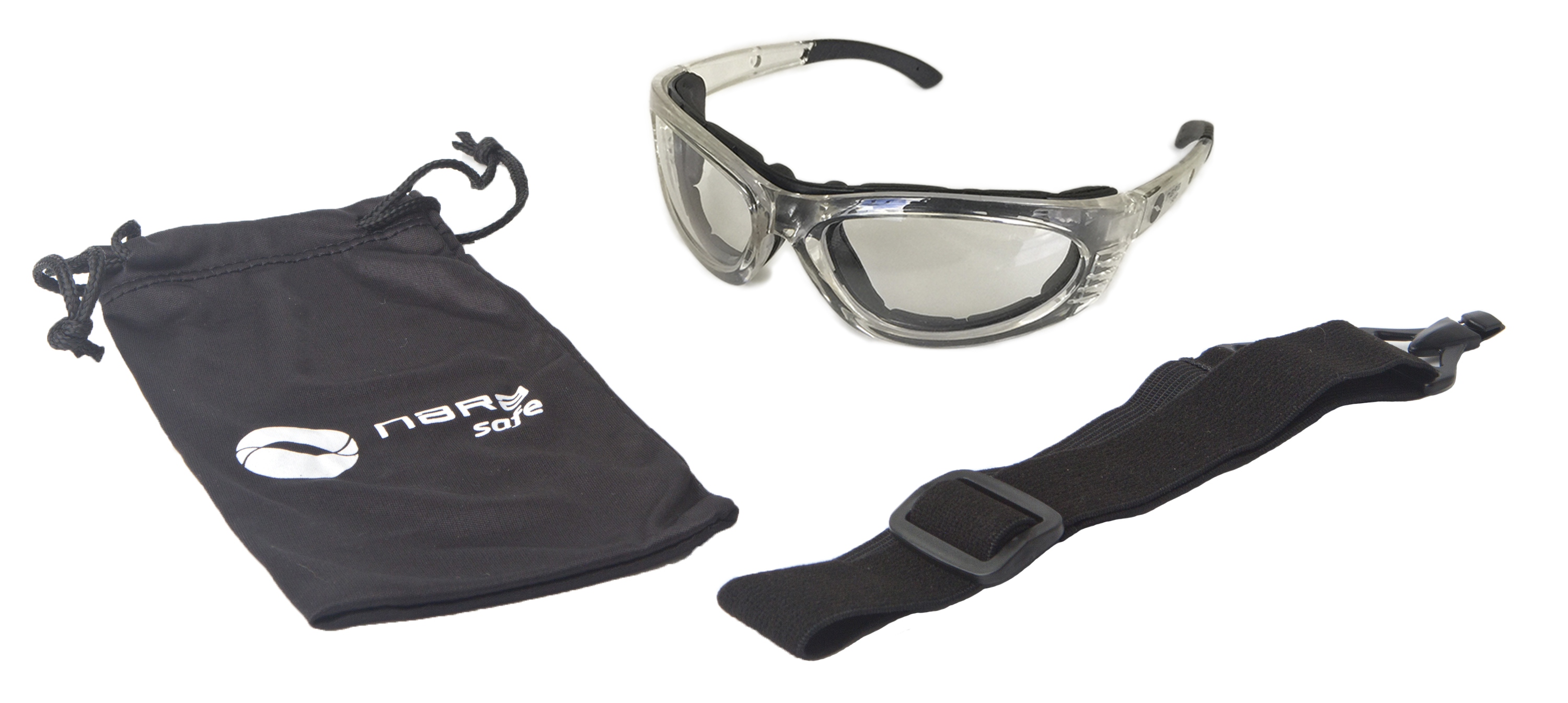 Safety spectacles with internal seal and elastic strap